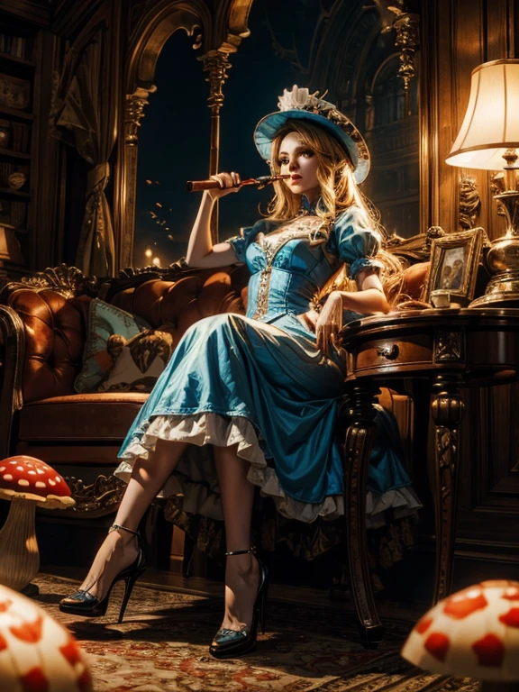 (best quality), (high detail), (perfect face), Alice from Alice in wonderland, (red neon 1:1), sitting on a mushroom smoking a hookah, amanita mushrooms scattered all around, HDR, UHD, 4k, 3D.