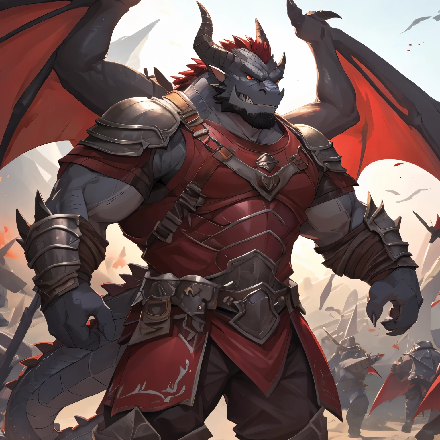 Dragon Orc，male，Strong build。The silver-gray skin is covered with hard, thick scales，There is a pair of blood red wings on the back。long, sharp teeth、Dragon horns and claws。standing on a battlefield，Wearing red armor