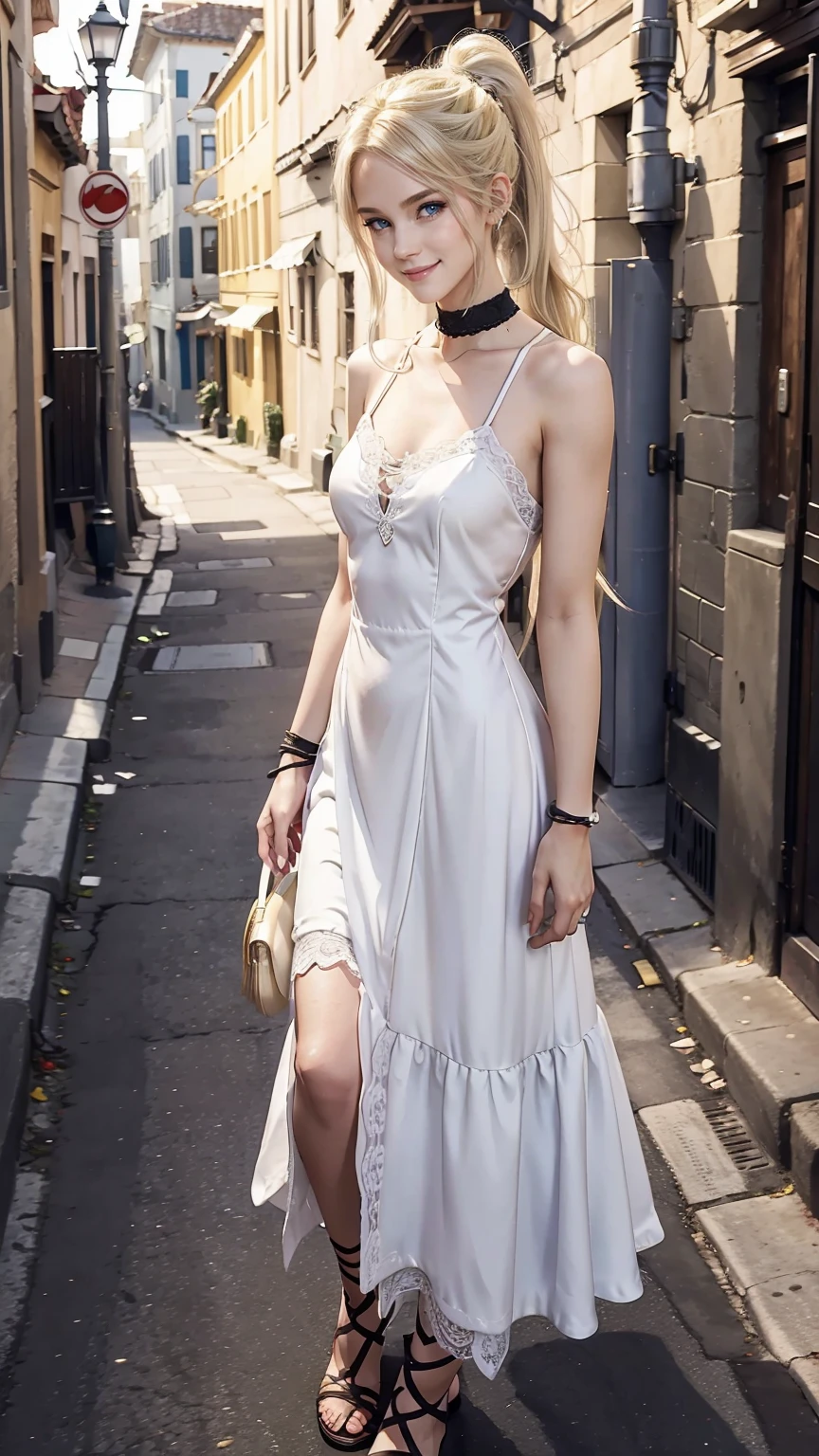 22 year old white female、hair color is blonde、eye color is blue、long hair、setting hair、Have a ponytail、accessories on wrist、I'm wearing a choker、skin is smooth、smile、Slender but muscular body、My heart is pounding、high resolution、Skin is shiny、Wearing a princess dress、I'm wearing lace-up sandals、I'm in an alley in the old town、smile、I'm leaning diagonally with my hand on the streetlight