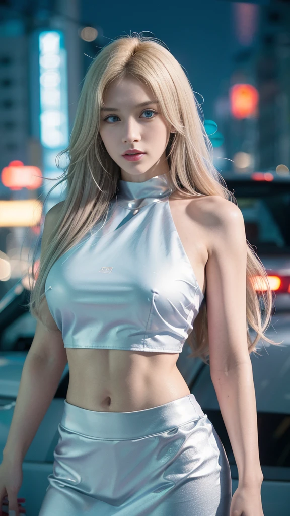 1girl,aluring,blonde,blue eyes,long hair,white clothing,crop top,poses front of the car,in the cyberpunk city,(best quality,4k,8k,highres,masterpiece:1.2),ultra-detailed,(realistic,photorealistic,photo-realistic:1.37),HDR,UHD,studio lighting,ultra-fine painting,sharp focus,physically-based rendering,extreme detail description,professional,vivid colors,bokeh,photo model,portraits,cyberpunk,nighttime,neon lights