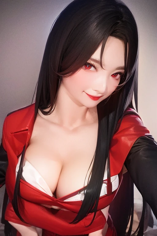 Black hair, red eyes,large breast, red lingerie, red underwear, red bra, sexy, smile, a hotel bedroom