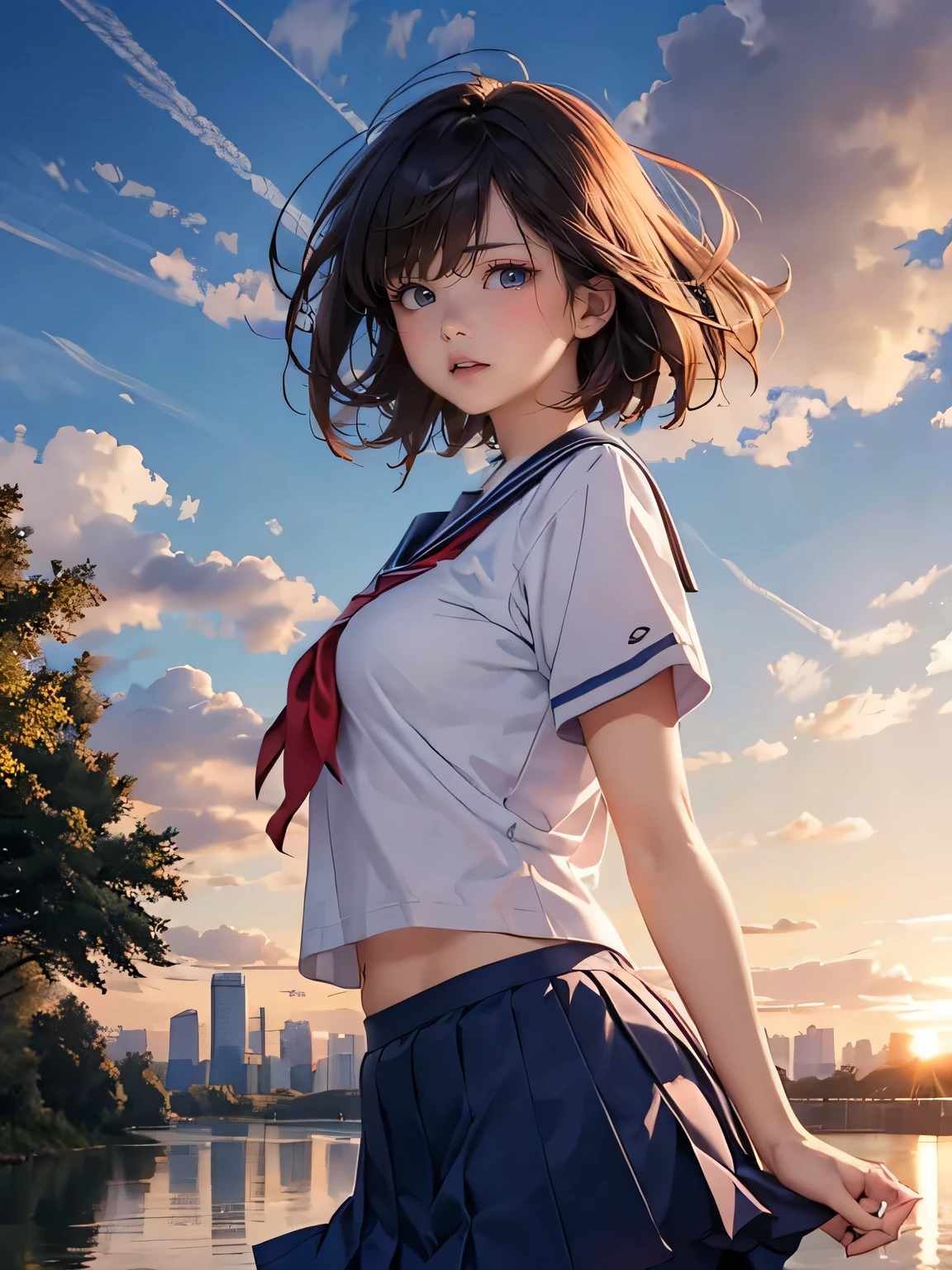 drooping eyes, realistic skin, swollen areolas, sneakers, river-side, trees, skyscrapers, sunset sky, wind, school uniform, short hair,