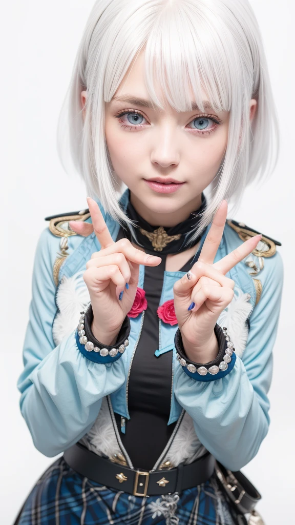 cute girl with white hair and blue eyes making a peace sign, with index finger, an beautifull girl, perfect white haired girl, beautiful high school girl, 4k ultra hd, realistic