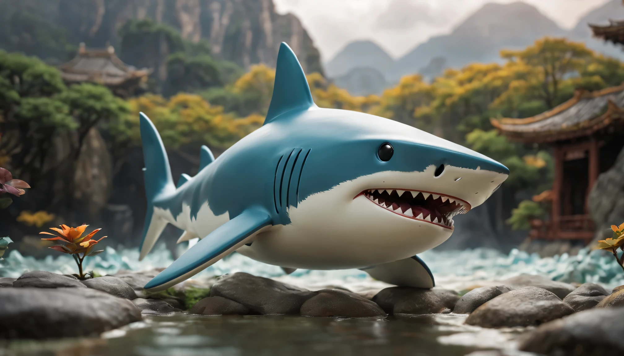 masterpiece, best quality,Blind box toy style, Ghibli style colors, from the side, atmospheric perspective, F/1.8, ultra high definition, masterpiece, precise, high detail, high quality, high resolution, shark, meditation, hands crossed, China Xiangyun, About, flowing,