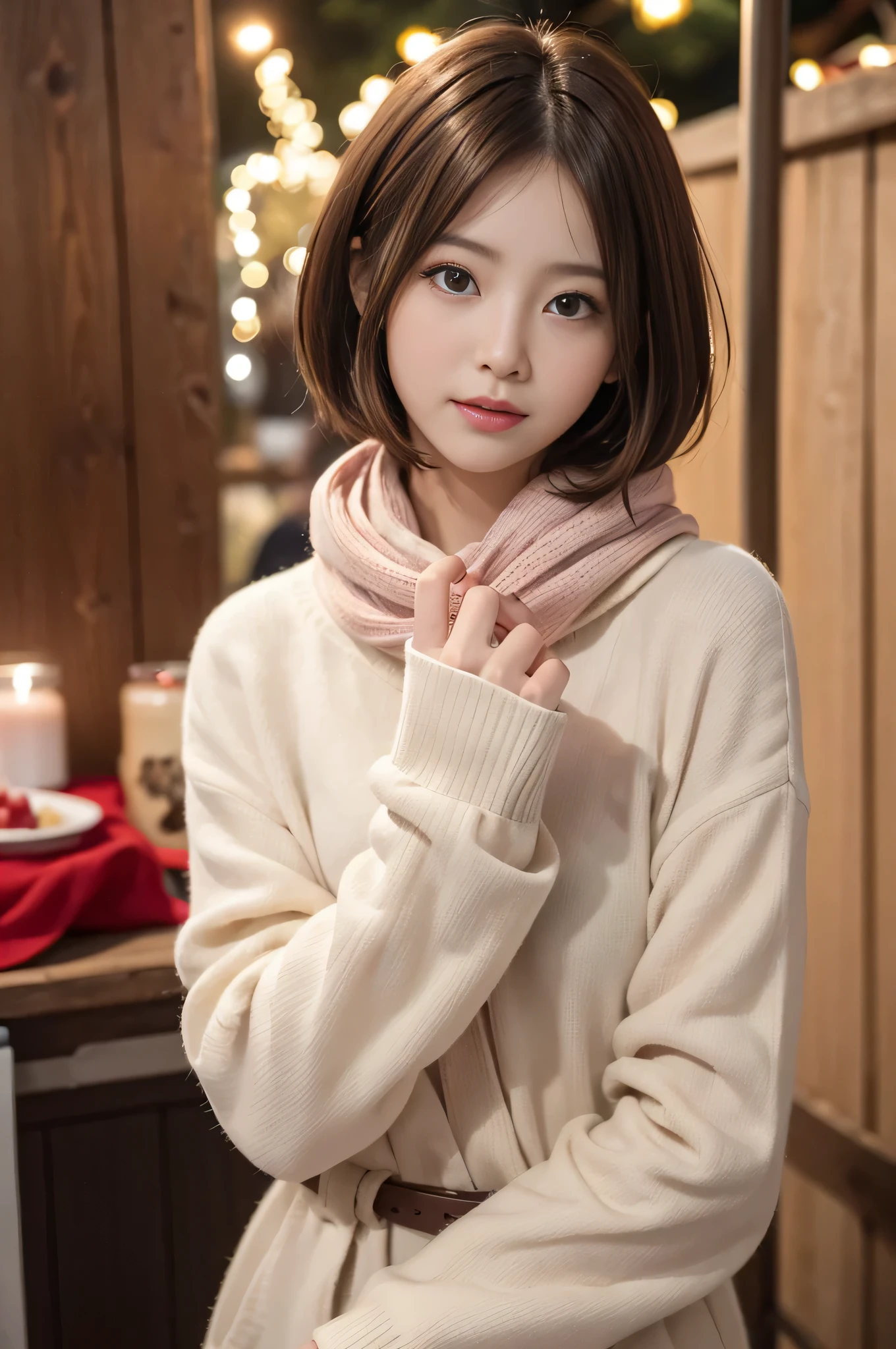 Cute 21 years old Japan、natta、Christmas、dinner、illuminations、garden、Super Detail Face、Eye of Detail、二重まぶた、beautiful thin nose、foco nítido:1.2、prety woman:1.4、(light brown hair,short cut hair, White skin、top-quality、发光、masterpiece、超A high resolution、(Photorealsitic:1.4)、cute fancy red winter clothes、Check muffler、大胸