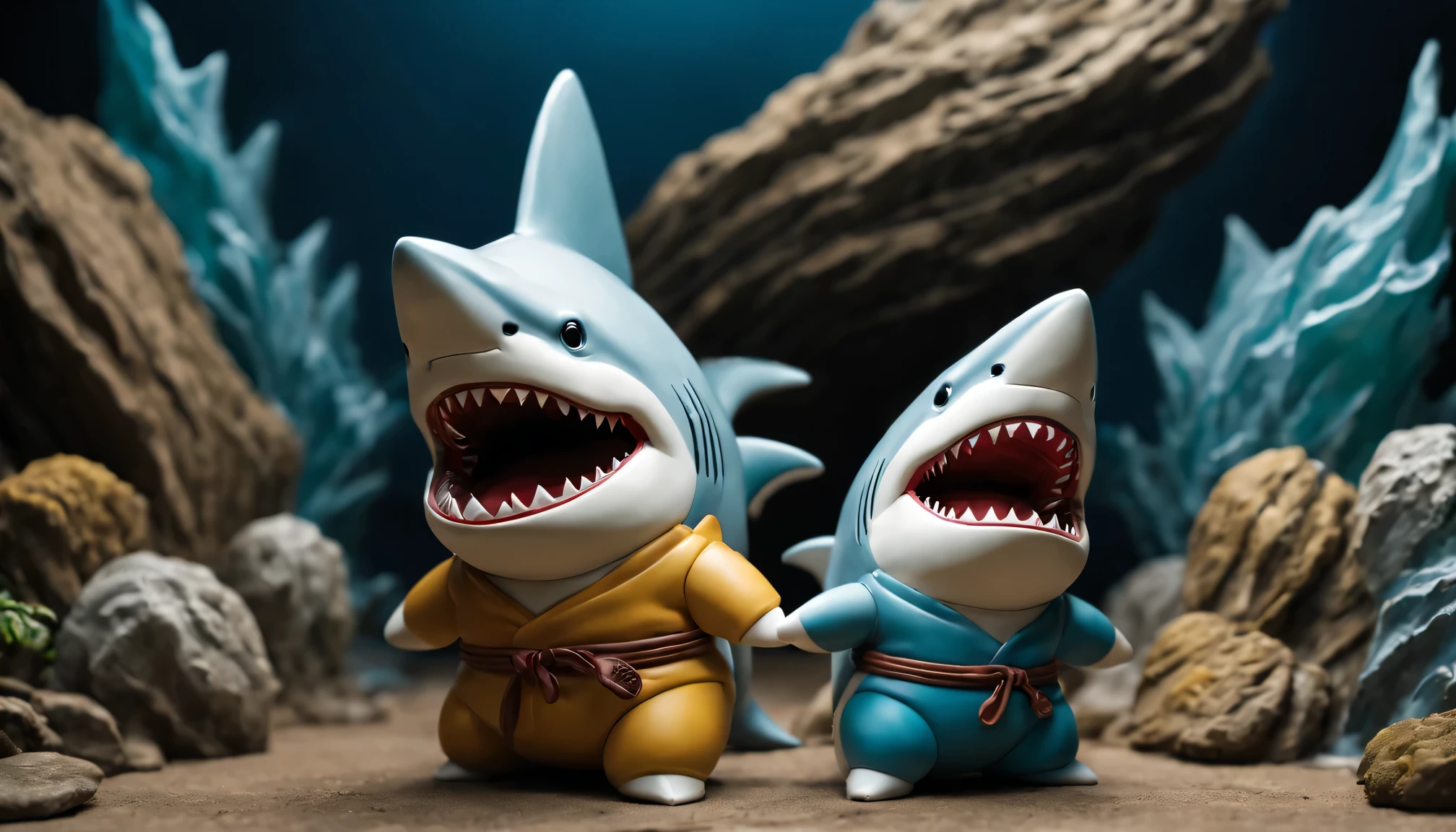 masterpiece, best quality,Blind box toy style, Ghibli style colors, from the side, atmospheric perspective, F/1.8, ultra high definition, masterpiece, precise, high detail, high quality, high resolution, shark, meditation, hands crossed, China Xiangyun, About, flowing,