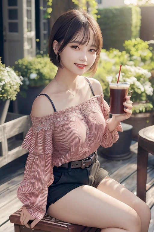 (intricate details:1.3), (最OK质量:1.2), (masterpiece:1.3), actual, 8K超HD, HD, High quality texture, intricate details, Detailed texture, detailed meticulous, high detail, Extremely detailed CG, High quality shadows, a actual representation of the face, Beautiful detailed, (high detailed skin, Skin details), Delicate, beautiful and delicate face, The face looks to the left, Delicate, beautiful and delicate eyes, a face of perfect proportion with Smile, film grain, depth of field, Light, 戏剧性的Light, 镜头Light晕, Light线追踪, view, 20s, (photoactual:1.2),
1 girl, only_Shoulder, belt, Black_footwear, vague, vague_background, OK_band, breast, architecture, coffee, clavicle, cup, sky, disposable cup, whole body, lips, lipstick, long sleeves, looking at the audience, cosmetic, off-shoulder shirt, Off the shoulders毛衣, Off the shoulders, outdoor, pantyhose, red lips, shirt, short hair, shorts, sitting, Smile, alone, stools, striped, striped shirt