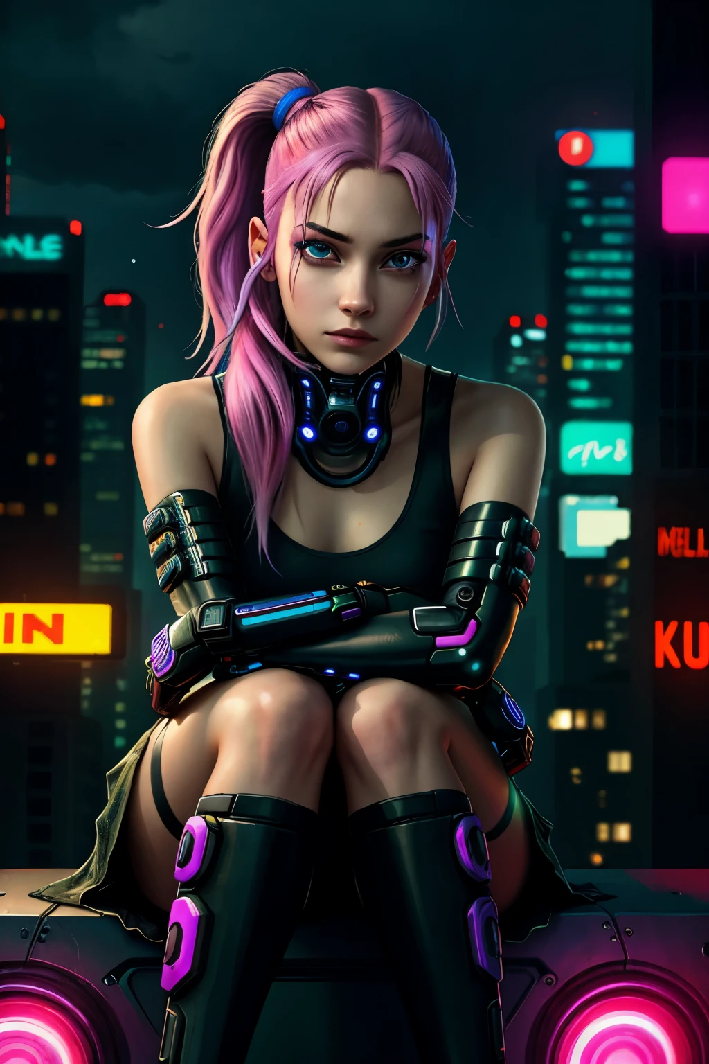 (Photorealistic:1.4) Image of a cyberpunk girl: Sitting boldly before the camera with a defiant expression, this cyberpunk girl is a masterpiece in top-quality, 8K resolution. Her shapeless yet colorful hair cascades around her face, framing her dynamic pose. Her vibrant cyberpunk clothing is intricately detailed, every thread and pixel carefully rendered. The depth of field at f/1.8 focuses sharply on her piercing eyes and the background blur reveals the chaotic neon cityscape beyond. The cinematic lighting accentuates the intricate textures and reflects off the glossy surfaces of her cybernetic enhancements