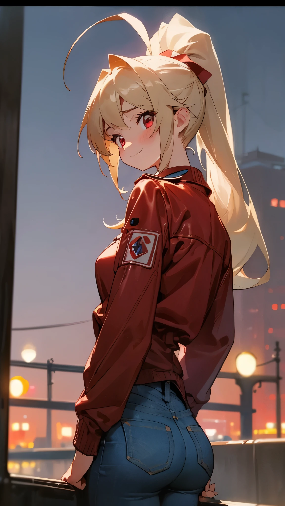 Beautiful woman、small breasts、blonde ponytail、round red eyes:1.2、from behind、Professional uniforms:1.3、18-year-old:1.1、Detailed Red Riders Jacket:1.2、wear a large jacket、Blue collar shirt、skinny denim pants:1.2、Leather Boots、Fine and beautiful skin、cute:1.2、Drooping eyes:1.2、blush、smile、Ahoge、upper body close-up、solo focus:1.2、cinematic light、(nostalgic night view:1.4)、Street corner at night