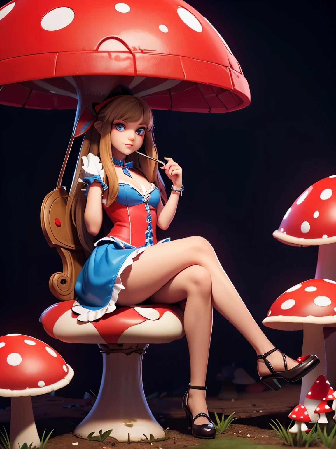 (best quality), (high detail), (perfect face), Alice from Alice in wonderland, (red neon 1:1), (wonderland ),sitting on a mushroom smoking a hookah, amanita mushrooms scattered all around, HDR, UHD, 4k, 3D.