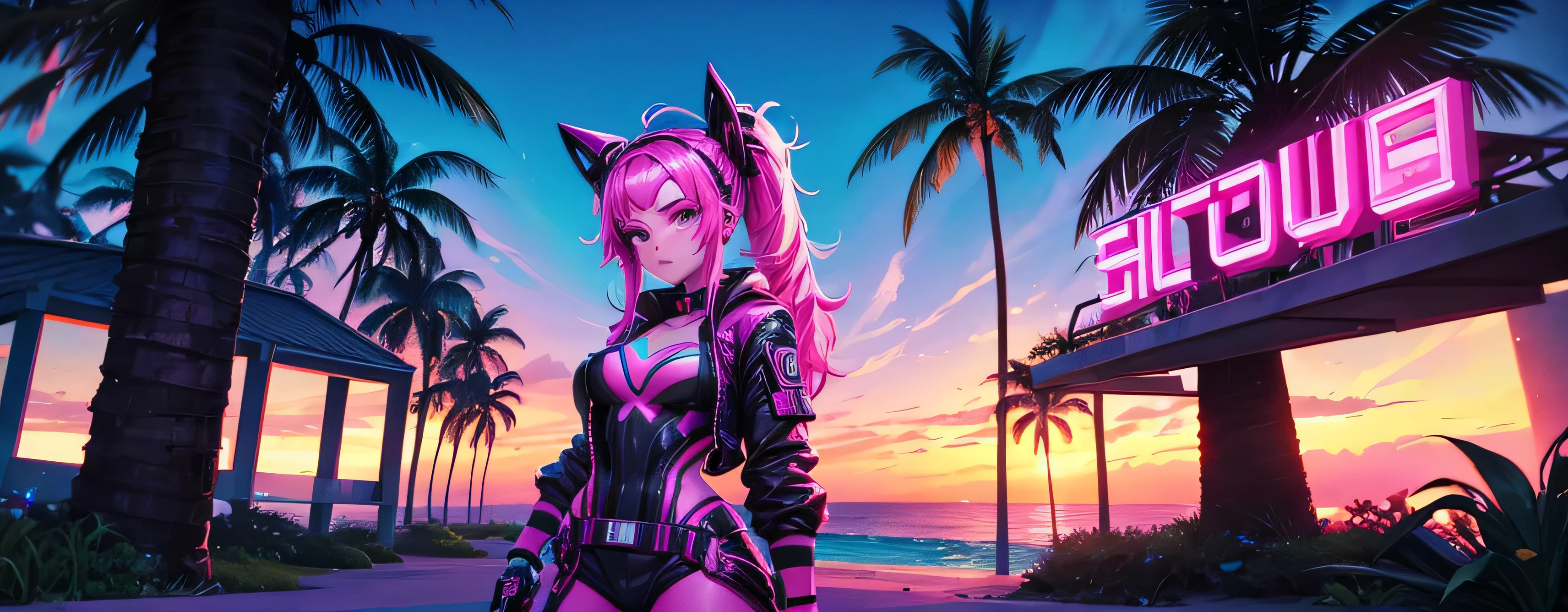 art image of a woman from the game Fortnite in a futuristic outfit with a neon sign, on the beach with palm leaves, night ocean shore, inspired by Aya of the year, [synthwave art style ]!!, synthwave art style ]!!, [ synthwave art style ]!! ]!!, [ 4k synthwave art style ]!!, synthwave art style, kda, author of the year, synthwave art,