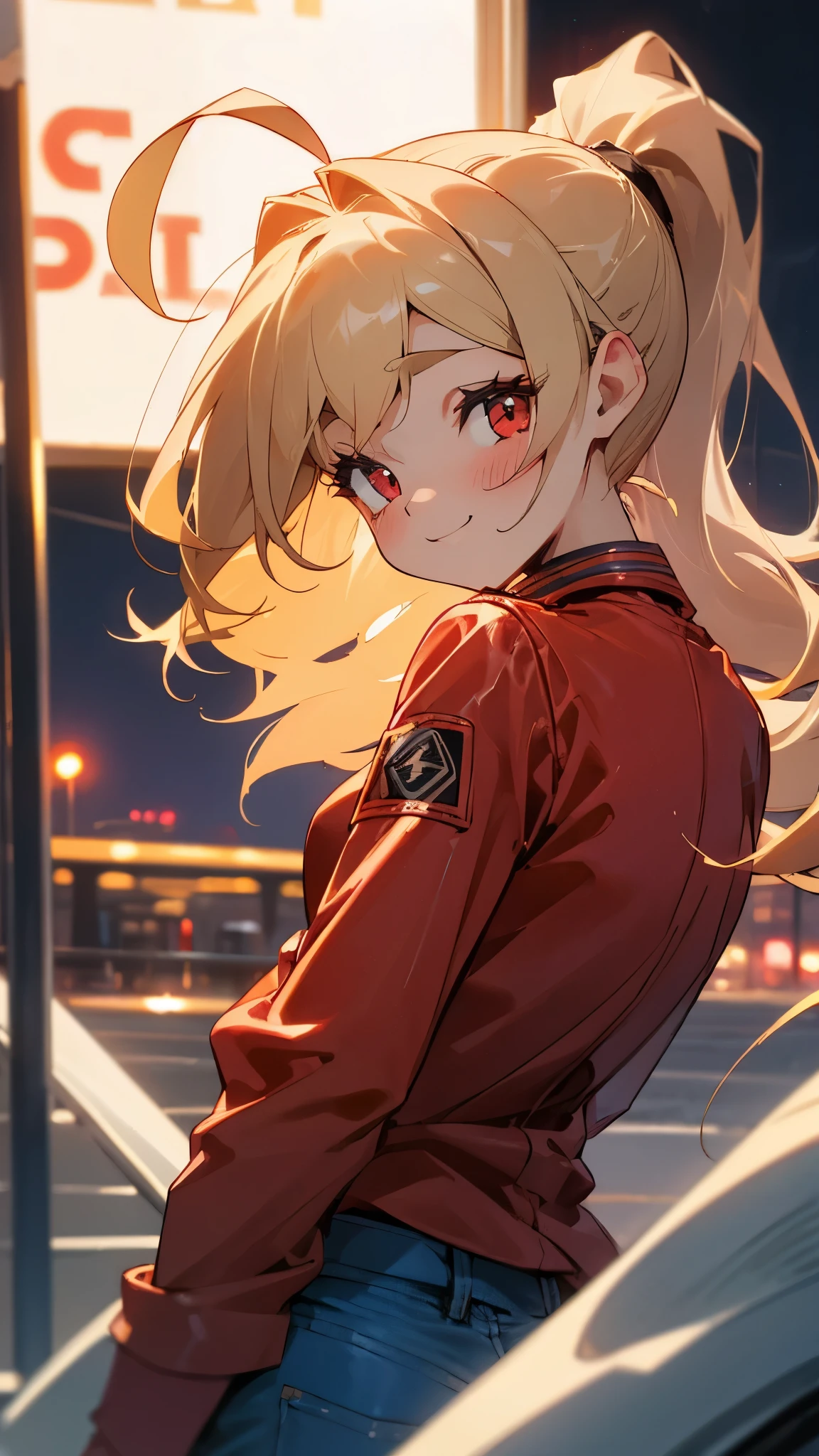 Beautiful woman、small breasts、blonde ponytail、round red eyes:1.2、from behind、Professional uniforms:1.3、18-year-old:1.1、Detailed Red Riders Jacket:1.2、wear a large jacket、Blue collar shirt、skinny denim pants:1.2、Leather Boots、Fine and beautiful skin、cute:1.2、Drooping eyes:1.2、blush、smile、Ahoge、upper body close-up、solo focus:1.2、cinematic light、(nostalgic night view:1.4)、Street corner at night