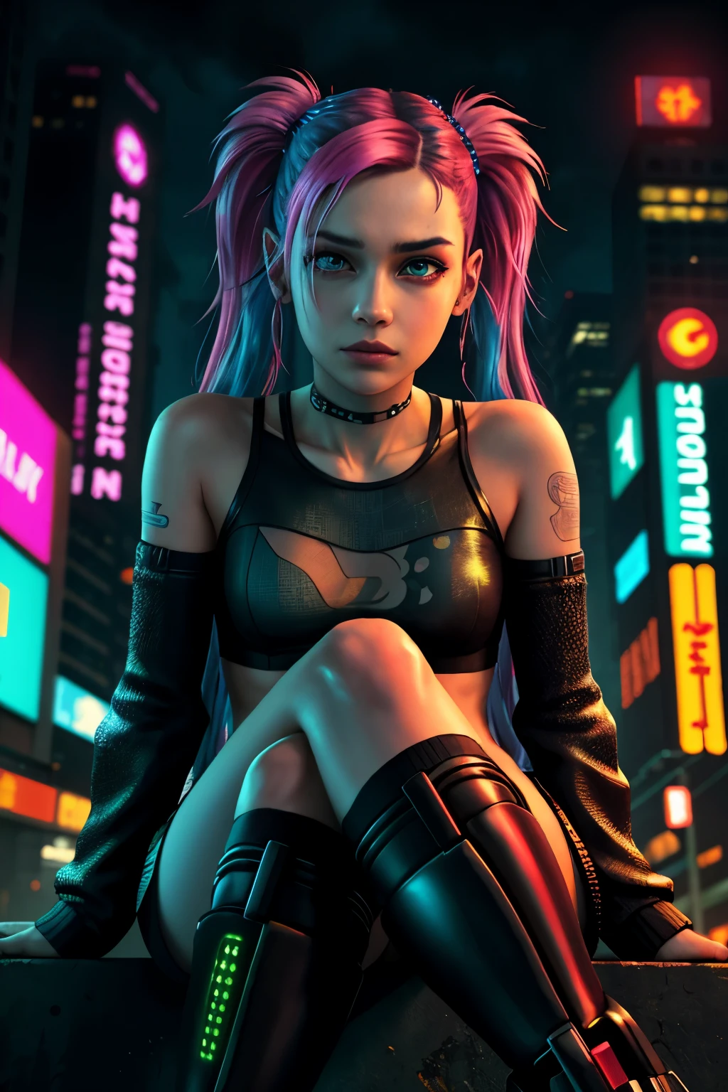 (Photorealistic:1.4) Image of a cyberpunk girl: Sitting boldly before the camera with a defiant expression, this cyberpunk girl is a masterpiece in top-quality, 8K resolution. Her shapeless yet colorful hair cascades around her face, framing her dynamic pose. Her vibrant cyberpunk clothing is intricately detailed, every thread and pixel carefully rendered. The depth of field at f/1.8 focuses sharply on her piercing eyes and the background blur reveals the chaotic neon cityscape beyond. The cinematic lighting accentuates the intricate textures and reflects off the glossy surfaces of her cybernetic enhancements