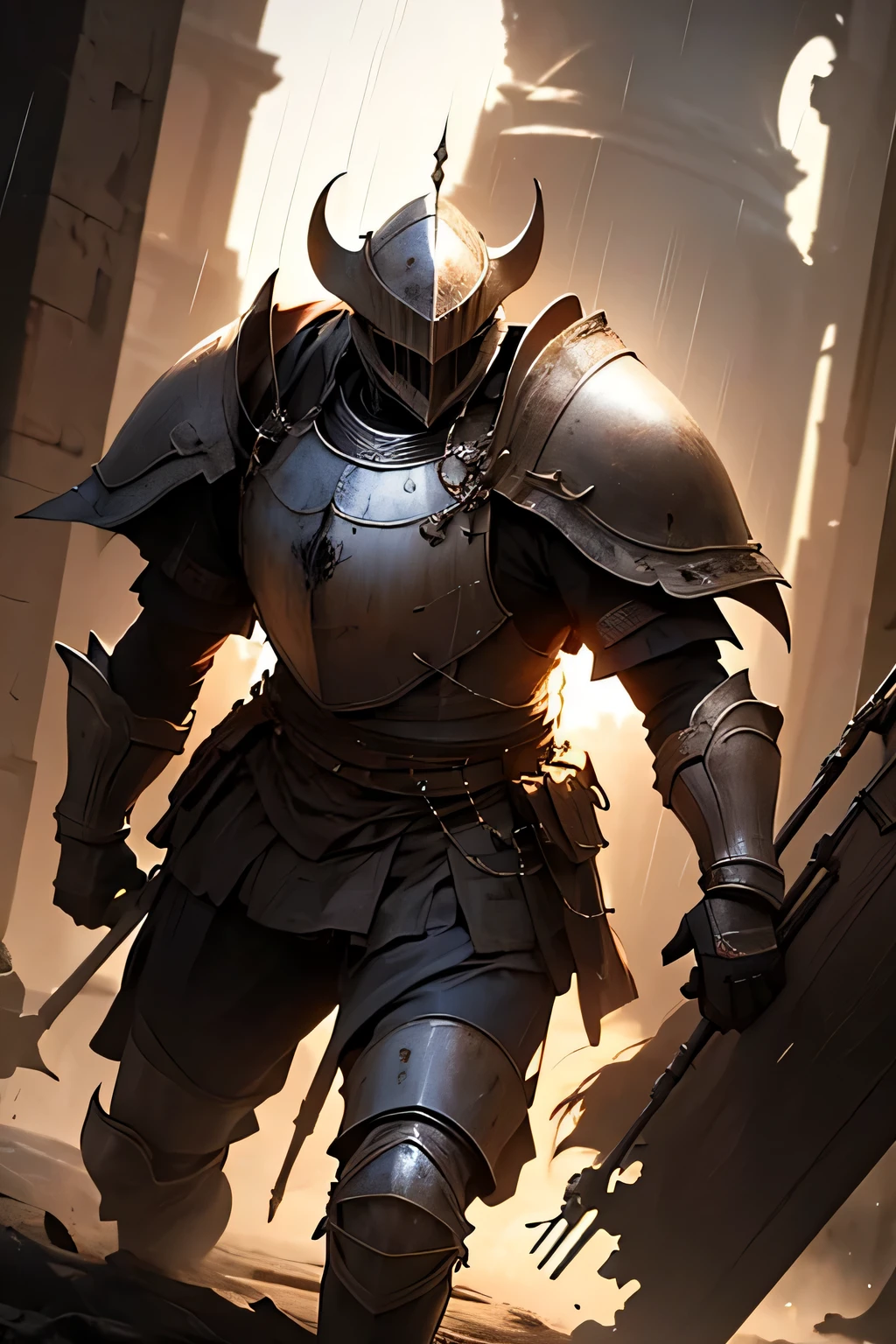 Un chevalier lourd d&#39;amour tient l&#39;épée en combattant avec un autre chevalier tient le bouclier et la lance par temps de pluie 