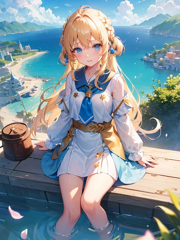 (Floating land and floating castle design of aerial forest and fountain, Over some clouds and thunderstorms)1.4, Bird's-eye view,(masterpiece)++,(sweet illustration)+,detailed gradient eyes,outdoors, ((無重力、浮かぶ島と城)), scenery, (((above the sky))), above the clouds, sunlight, 1girl, sitting, Light Blue tabard, from back, looking at viewer, medium bob, blonde hair, shiny wavy hair, blue eyes, light smile, lens flare, petals, kanzashi, braided bangs, cute,little girl, 14-yo, petite, temple of athene, falling petals, ancient city, (((islands floating in the sky))),