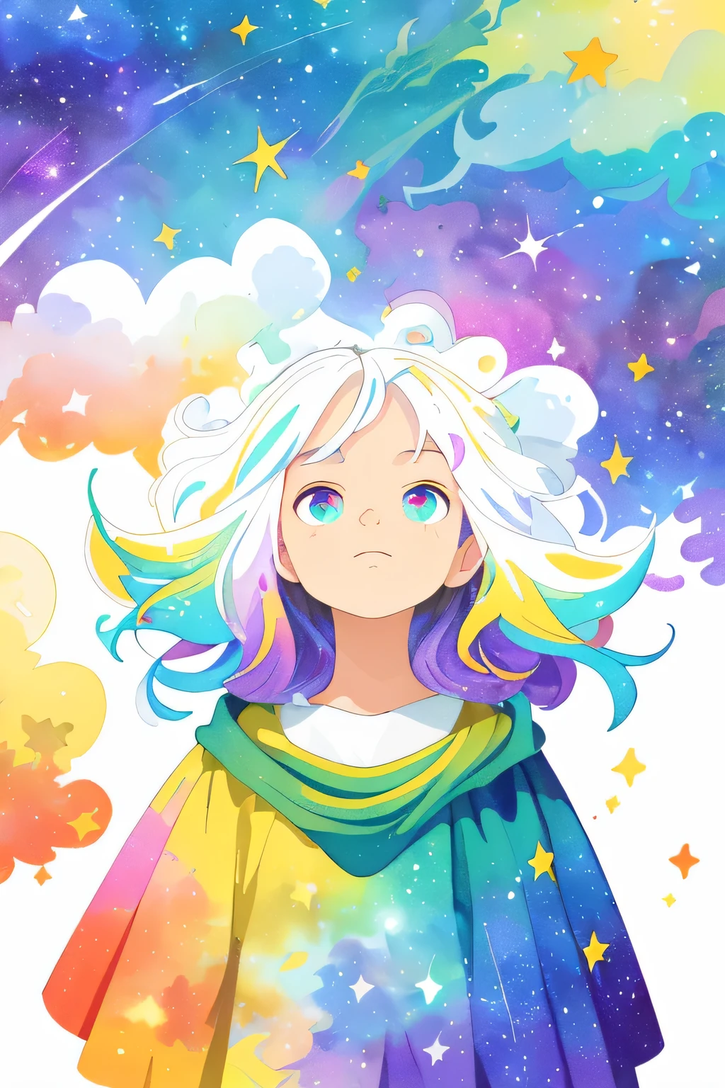 ((obra de arte)), (((melhor qualidade))), ((ultra-detalhado)), ((illustration)),[realismo efeito de luz],sombra,(estilo fantasia),(fundo branco:1.6), fundo simples, (Tema Terra),(um manto)[(foco no cabelo,((1 garota)),[(cabelo grande slime): (cabelo nublado):0.3], (cabelo no fundo),(high saturated),(hair surrounded by Galaxy splashes),)):((her hair is becoming Galaxy clouds,:1.27628), (hair and clothes is Galaxy clouds and cluster de estrelas:1.1025),(um manto is becoming Galaxy clouds)(colorida_Galaxy_imprimir_Clusters_de_estrelas_imprimir:1.35),((detailed starry sky with colorida Galaxy and Galaxy clouds):1.2)):0.35], (((obra de arte))),(((melhor qualidade))),((ultra-detalhado)),(illustration),(dynamic angle),((flutuando)),(pintar),((cabelo desgrenhado)),((lindo rosto detalhado)),colarinho,Ombros nus, ((colorida hair)),((cabelo com mechas)),lindos olhos detalhados,(gradient color eyes),(((colorida eyes))),(((colorida background))),(((high saturated))),(((surrounded by colorida splashes))),(((surrounded by colorida dot))),colorida bubble,((brilhando)),