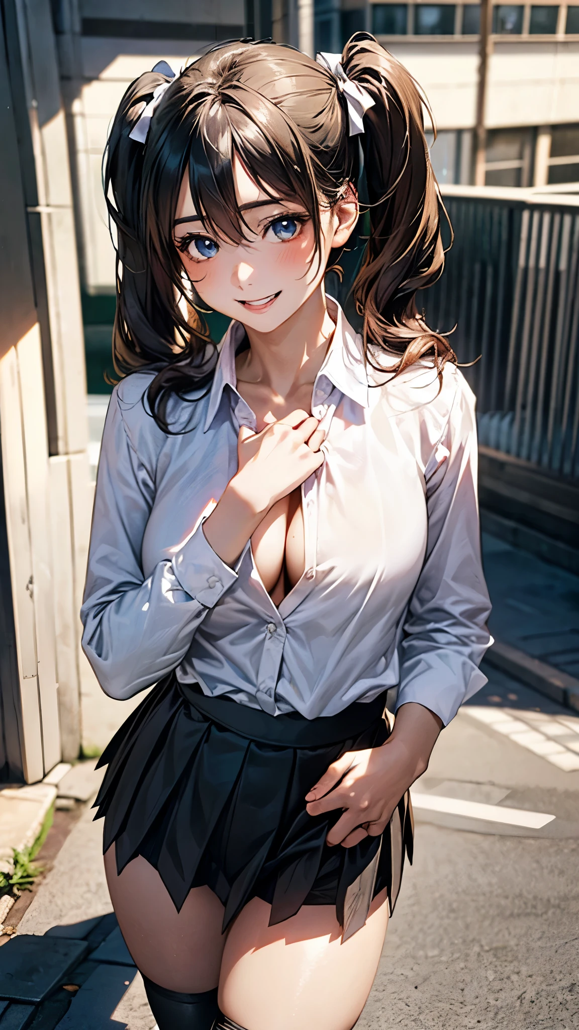 (masterpiece:1.2, top-quality), (realistic, photorealistic:1.4), beautiful illustration, perfectly shaded, (natural side lighting, movie lighting),
looking at viewer, cowboy shot, front view:0.6, 1 girl, japanese, 17 years old, perfect face, cute and symmetrical face, shiny skin,
(middle hair:1.5, twintails:1.7, blond hair), hair between eyes, blue eyes, long eye lasher, (large breasts:0.9, thick thighs),
beautiful hair, beautiful face, beautiful detailed eyes, beautiful clavicle, beautiful body, beautiful chest, beautiful thigh, beautiful legs, beautiful fingers,
((black pleated mini skirt, black stockings, unbuttoned white shirt)), black hair ribbon, pink panties,
(beautiful scenery), evening, office, standing, hands on chest, (excited face, very happy),