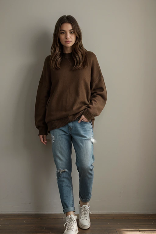 Capture the model in a relaxed yet stylish outfit, highlighting the details of a trendy oversized sweater paired with distressed jeans and ankle boots. Use a cozy background to enhance the casual feel.