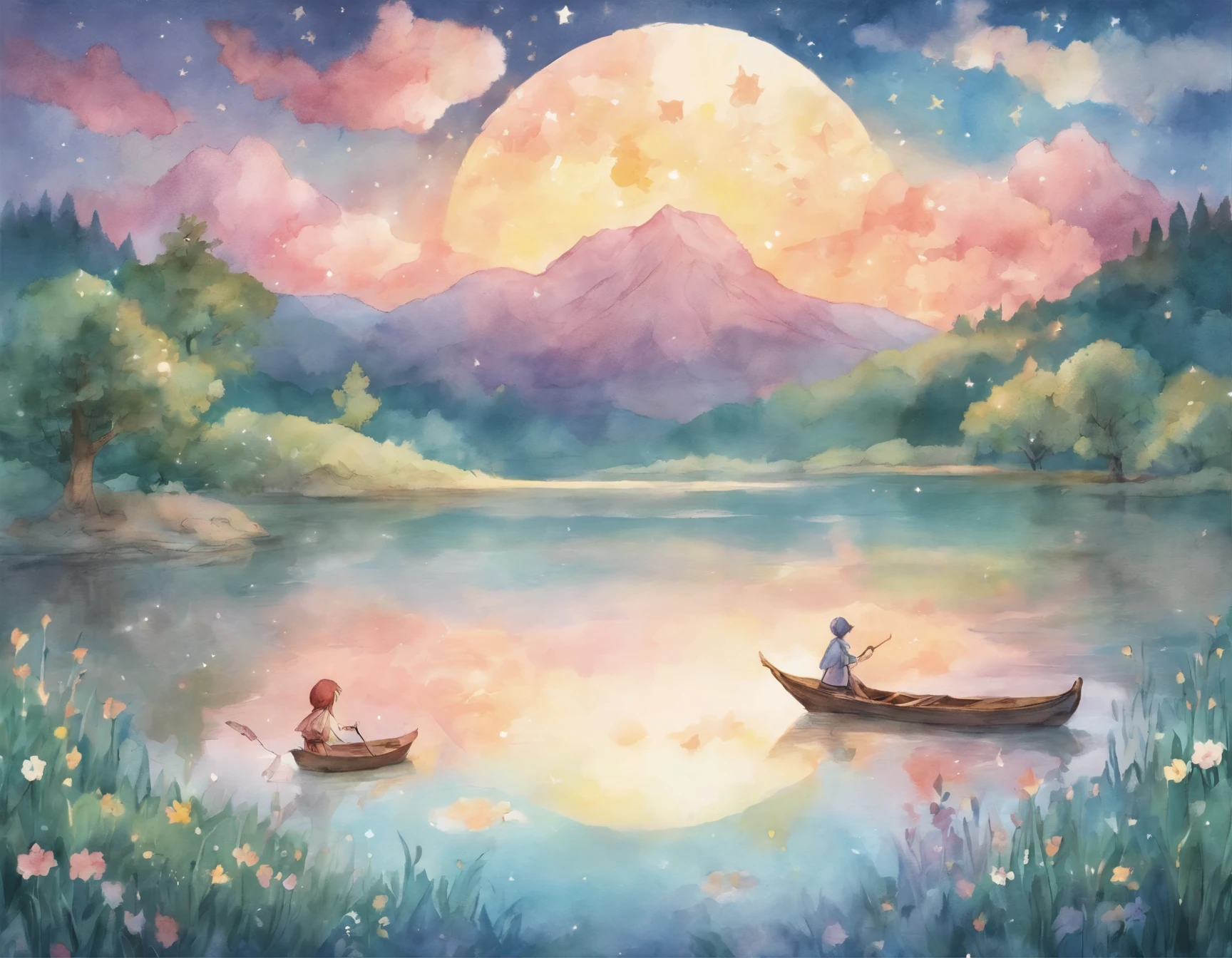  starry sky lake、moon、Lakeside animal images are done in pastel watercolors