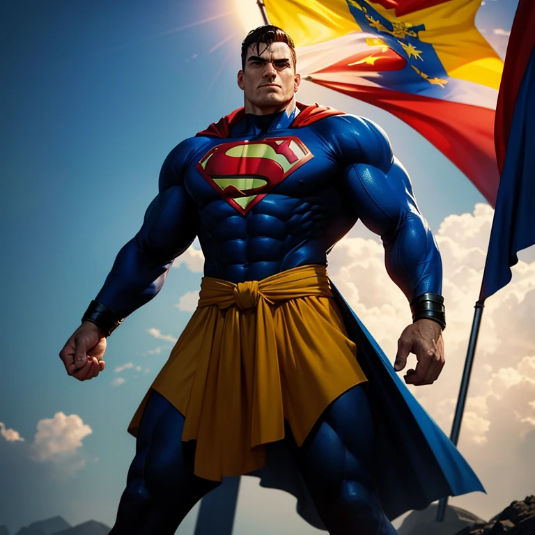 Romanian Superman with flag colors, (1 hero), (an imposing figure), in uniform, (photorealistic), (full body shot), blue and yellow bodysuit, red cape billowing behind, muscular build, chiseled jawline, determined expression, hands on hips, patriotic, heroic pose, sunlit scene, high contrast shadows, (4K Ultra HD), sharp details, vivid colors, cinematic lighting, captivating, masterpiece, symbolic, iconic, inspiring, empowering.