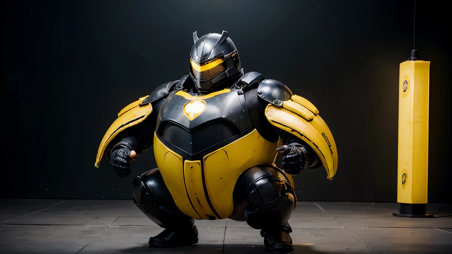 A colored full body heavy armoured japanese super hero, detailed armor, banana shape suit style, ((on the style of H.R. Giger:1.0)), (( kamen rider style: 0.5)), (( modern tokusatsu style:0.5 )), (( power rangers style: 0.2 )), (( banana design: 1.0 )), colored mettallic suit, Hand-Drawn, 2D, 4k, Rays of Shimmering Light, in a symbolic and meaningful style