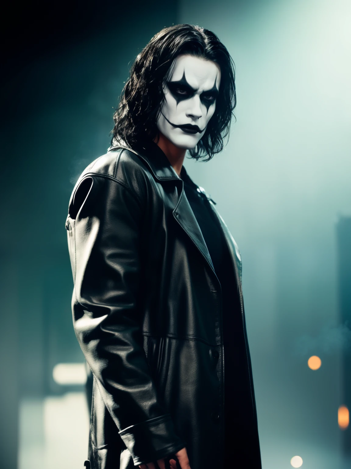 A cinematic poster of the character "The Crow". Close-Up Face. The character is in the middle of a dark street, with a bright green light shining on him. (( The Crow V.IT Face, White face with black makeup )), The background is black with smoke. Wearing a The Crow Costume. The character is wearing a black 
overcoat, jeans, and black boots. He has long black hair and wears black makeup. He is holding a pistol in his right hand. DETAILED FACE, intricaten. detailed pistol.
Realism: The generated art should be realistic and highly detailed.
Lighting: The lighting should be cinematic, with a bright green light shining on the character.
Background: The background should be black with smoke.