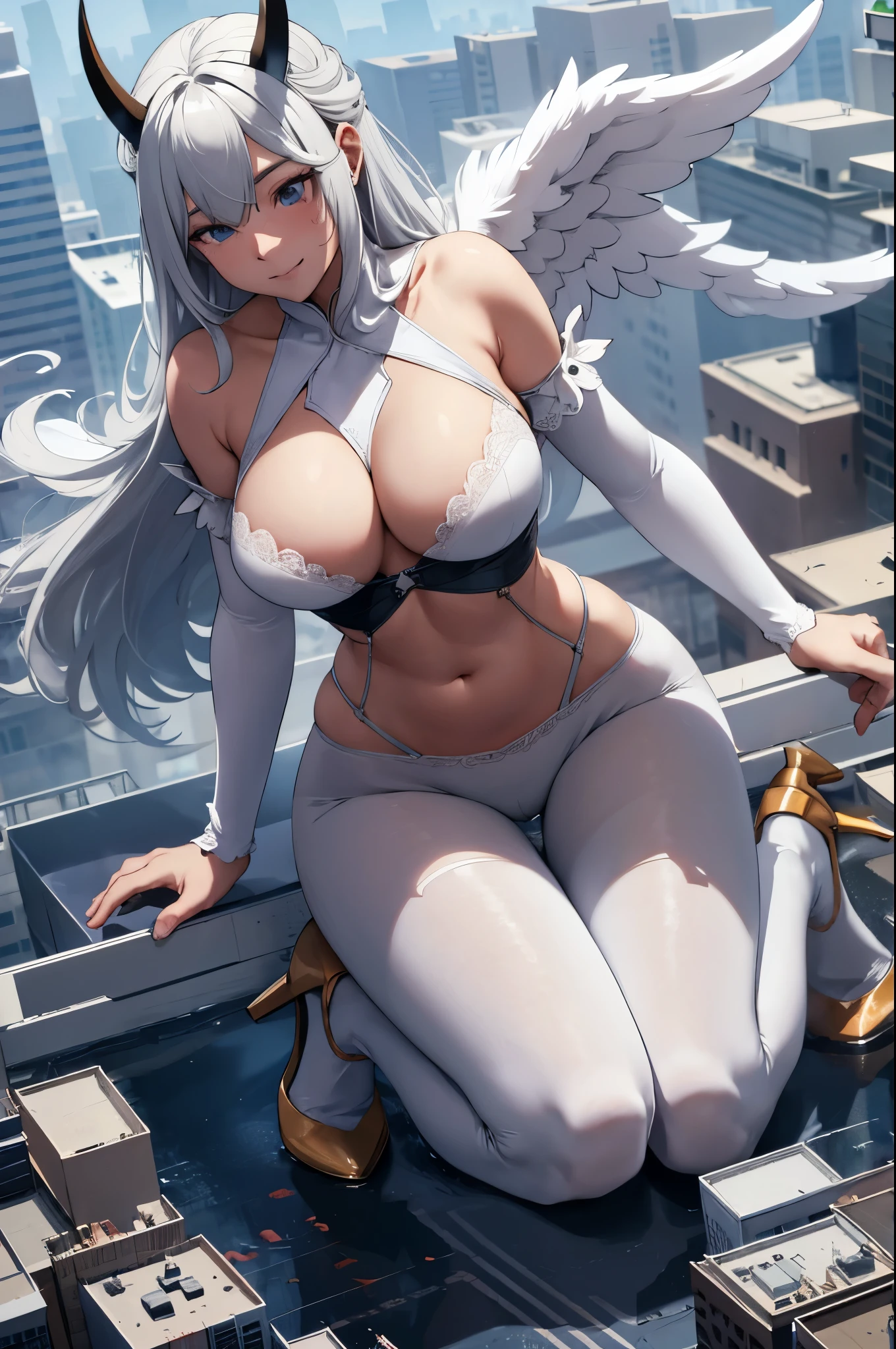 Aerial View,giant girl 50,000 feet high,Have a pair of long legs,Has a pair of huge angel wings,With huge devil horns on his head,Has white waist-length hair,loose hair,Wearing a pair of Mary Jane heels,white wavy hair,lace gloves,lace pantyhose,蕾丝whole body,leaning upright on a tall building,城市到处是blood stains,Beautiful appearance,Exquisite makeup,quality,8k,高quality,(governor:1.5),Perfect proportion, Cinema lighting,film grain,Fuji colors,8k,textured skin,Super details,high detail,high resolution,explode,fake smile,blood stains,脚底有blood stains,whole body,Fat stature