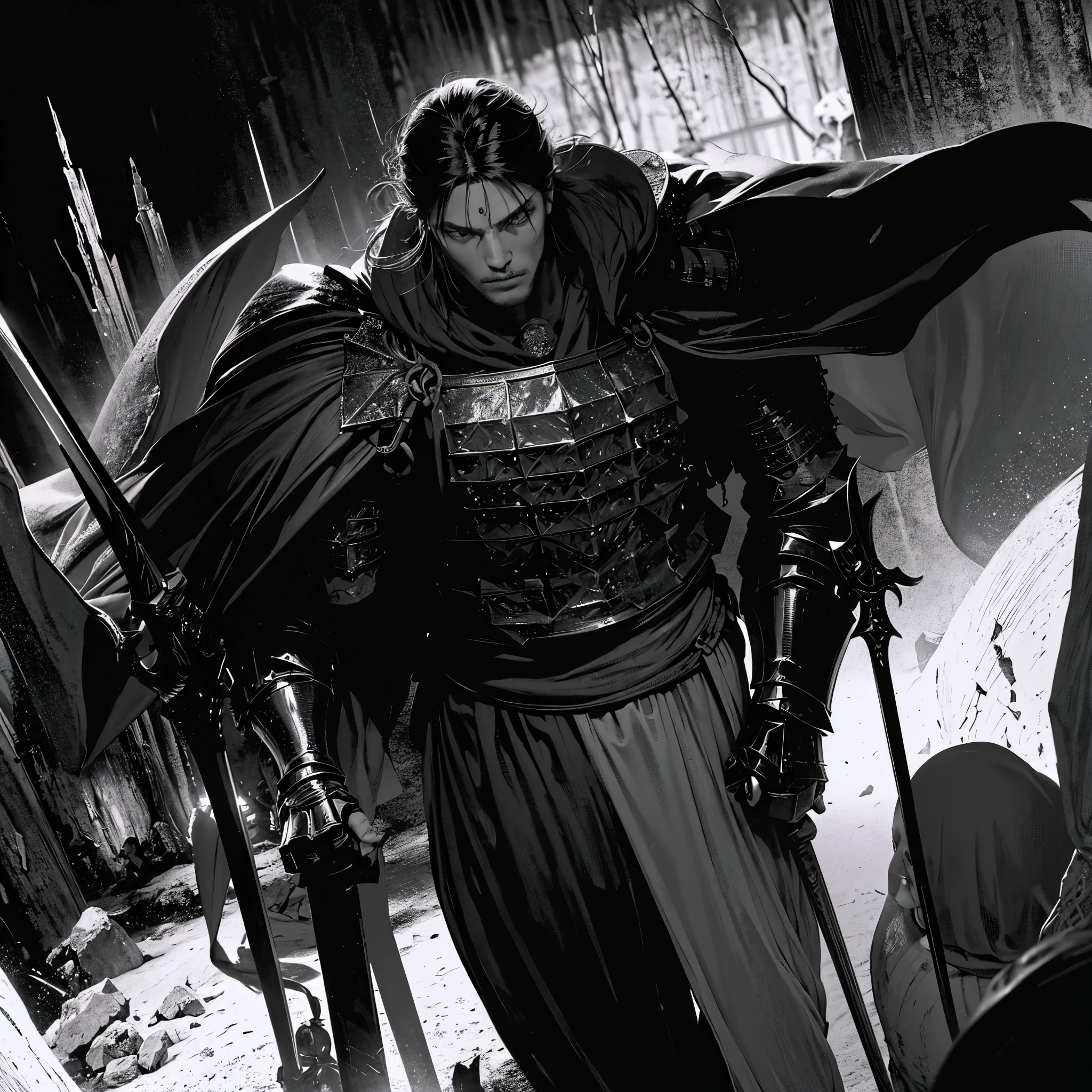 highres,[manga style,anime style],knight dark figure,sword,moonlight,heavy armor,intense eyes,contrasting shadows,sharp details,dramatic pose,ethereal background,mystical atmosphere,vibrant colors,comic book aesthetics,expressive lines,action-packed scene,heroic silhouette,dynamic composition