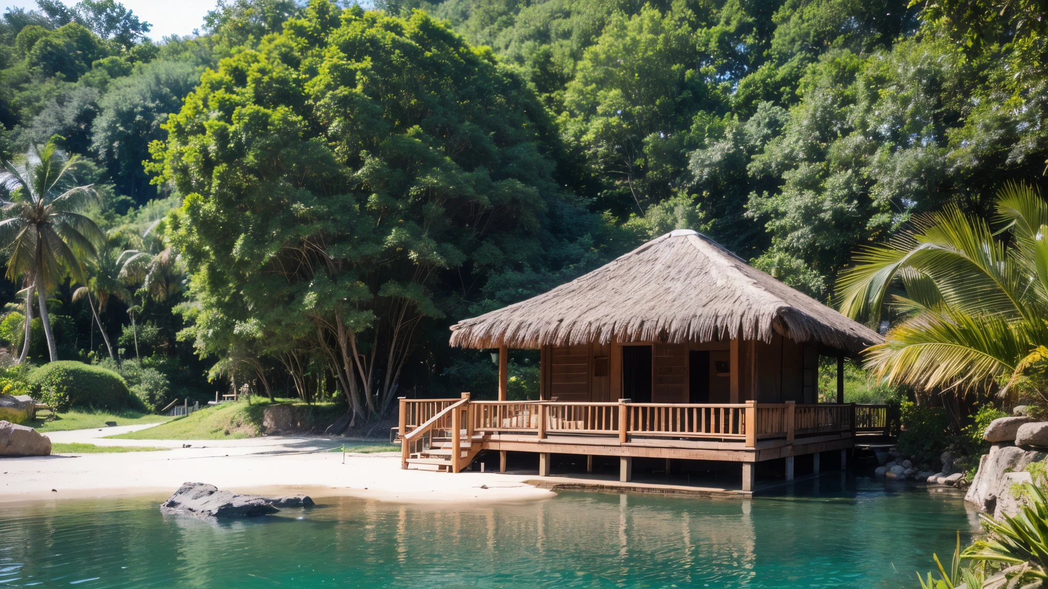 "Create an ultra-realistic image of a small hut crafted from coconut leaves, nestled beside a peaceful lake in the heart of an Indian village jungle. Showcase meticulous details of the hut's construction, surrounded by a pathway formed with large stones leading to the water, ensuring a true-to-life representation of this serene rural scene."