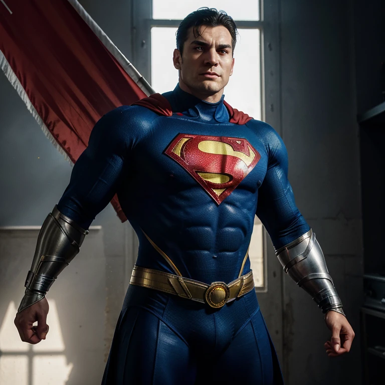 Romanian Superman with metal armor and flag colors, (1 hero), (an imposing figure), in uniform, (photorealistic), (full body shot), blue and yellow bodysuit, red cape billowing behind, muscular build, chiseled jawline, determined expression, hands on hips, patriotic, heroic pose, sunlit scene, high contrast shadows, (4K Ultra HD), sharp details, vivid colors, cinematic lighting, captivating, masterpiece, symbolic, iconic, inspiring, empowering.