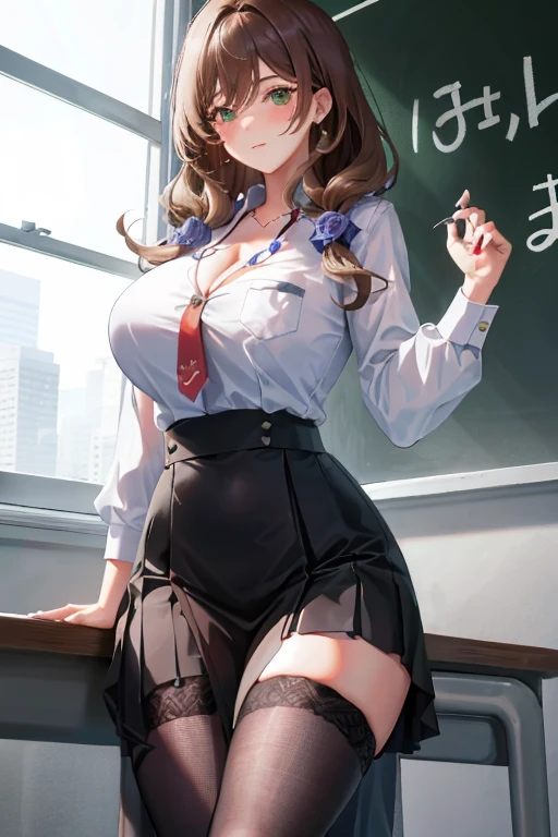 Lisa, genshin impact, 1 girl, alone, ((white shirt)), black Thighhighs, huge breasts, cleavage, uniform, office background, black skirt, pleated skirt, office, hair between eyes, messy hair, large chest, long hair, looking at the viewer, brown hair, red short nails, green eyes, alone, Thighhighs, thighs, very long hair, ((masterpiece)), classroom, machine, Chair, board, class board, Teaching, short tie, adult woman, erotic woman, attractive look, Proudly, blush,