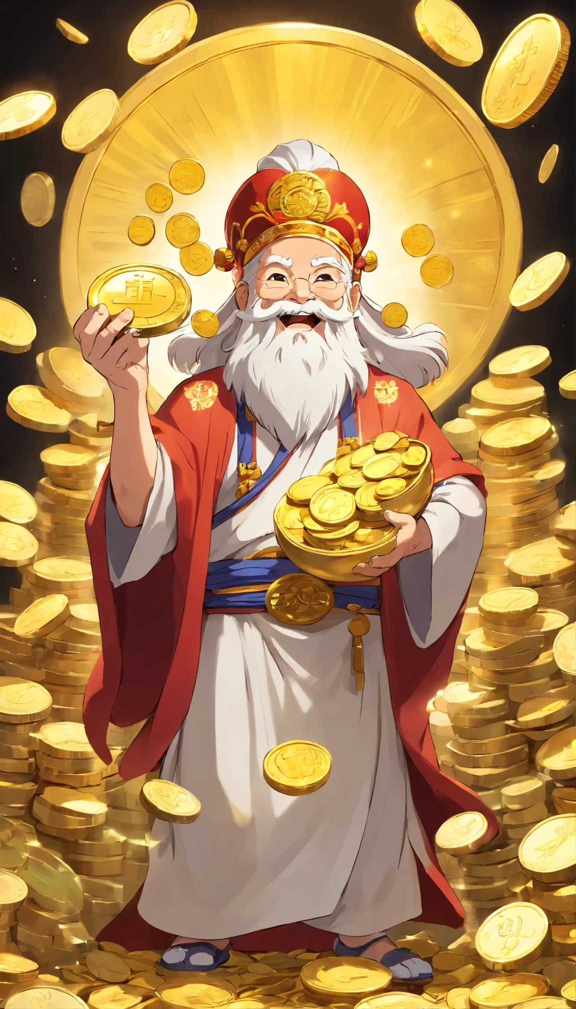 Chinese God of Wealth,Laugh,Holding a pile of gold coins,White beard,Kind and kind,gold coin flash