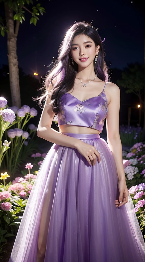nighttime,Tulle skirt with purple flower pattern, pretty and sweet.,mannequin,,,8ก,Beautiful makeup,Hyper HD,cinematic quality,best quality,Highly detailed facial features,Beautiful and sexy Chinese model,,standing,Chin gets bigger,Longer chin, Sex appeal,straight on,Natiole flowers blooming carelessly,,purple garden,large garden,Purple flowers bloomed with many fireflies.,,bright smile,Elegant earrings, beautiful necklaces,biggest,professional lighting,Tall figure,The body is slightly colored.,,Visible to the whole body,colorful body painting,purple color on the body,silver white hair,,,flowing wavy hairstyle,medium length hair,happy laughter