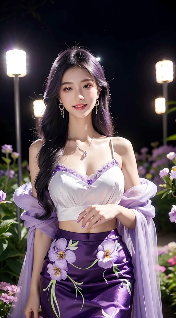 nighttime，Tulle skirt with purple flower pattern, pretty and sweet.，mannequin，，，8ก，Beautiful makeup，Hyper HD，cinematic quality，best quality，Highly detailed facial features,Beautiful and sexy Chinese model，，standing，Chin gets bigger，Longer chin， Sex appeal，straight on，Natiole flowers blooming carelessly，，purple garden，large garden，Purple flowers bloomed with many fireflies.，，bright smile，Elegant earrings, beautiful necklaces，biggest，professional lighting，Tall figure，The body is slightly colored.，，Visible to the whole body，colorful body painting，purple color on the body，silver white hair，,，flowing wavy hairstyle，medium length hair，happy laughter