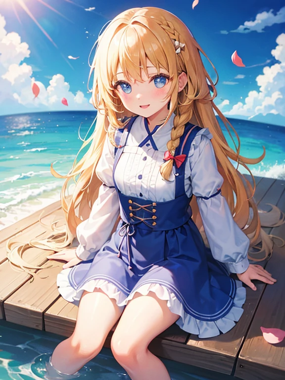 Bird's-eye view,(masterpiece)++,(sweet illustration)+,detailed gradient eyes,outdoors, ((無重力、浮かぶ島と城)), scenery, (((above the sky))), above the clouds, sunlight, 1girl, sitting, Light Blue tabard, from back, looking at viewer, medium bob, blonde hair, shiny wavy hair, blue eyes, light smile, lens flare, petals, kanzashi, braided bangs, cute, girl, 14-yo,eti,