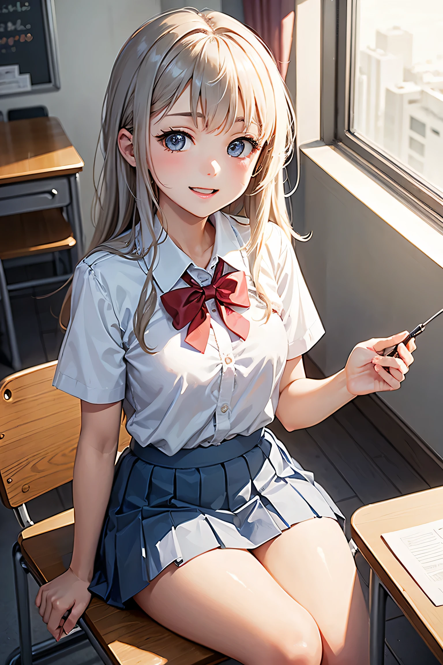 highest quality、cinematic lighting、1 High school girl sister、school classroom、sit at a desk and chair、smile、small breasts、white uniform、pleated skirt、Exposed white panties