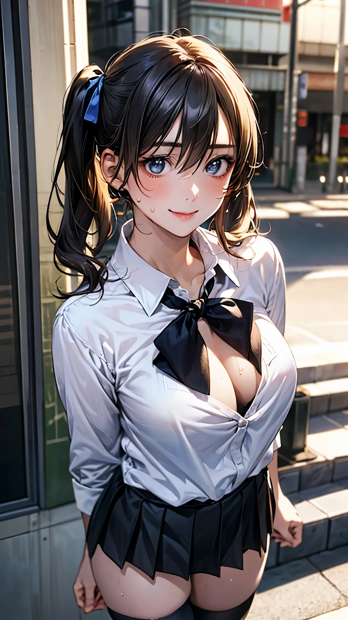 (masterpiece:1.2, top-quality), (realistic, photorealistic:1.4), beautiful illustration, perfectly shaded, (natural side lighting, movie lighting),
looking at viewer, cowboy shot, front view:0.6, 1 girl, japanese, 17 years old, perfect face, cute and symmetrical face, shiny skin,
(middle hair:1.5, twintails:1.7, blond hair), hair between eyes, blue eyes, long eye lasher, (large breasts:0.9, thick thighs),
beautiful hair, beautiful face, beautiful detailed eyes, beautiful clavicle, beautiful body, beautiful chest, beautiful thigh, beautiful legs, beautiful fingers,
((black pleated mini skirt, black stockings, unbuttoned white casual shirt)), black hair ribbon, pink panties,
(beautiful scenery), evening, office, standing, hands on chest, (ecum faced, xcited face, very happy, sweaty),