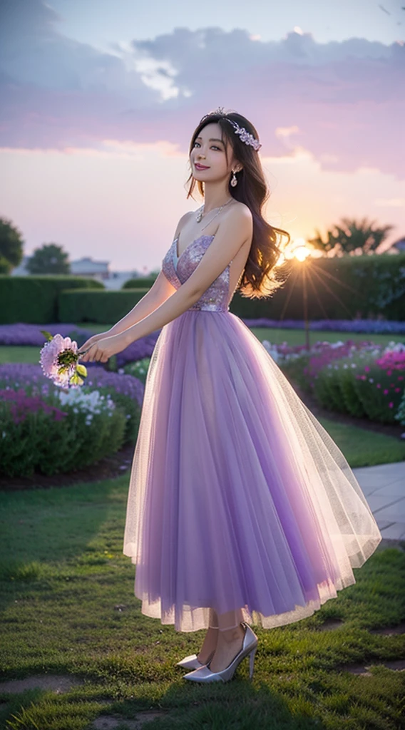 In the evening,close up,sunset,Elegant purple floral tulle princess dress,mannequin,Hold a purple flower and smell it.,,8ก,Beautiful makeup,Hyper HD,cinematic quality,best quality,Highly detailed facial features,Beautiful and sexy Chinese model,,standing,Chin gets bigger,Longer chin, Sex appeal,straight on,recently,Natiole flowers bloom along the shore.,,purple garden,Beautiful gardens,Purple flowers bloomed with many fireflies.,,bright smile,Elegant earrings, beautiful necklaces,biggest,professional lighting,Tall figure,The body is slightly colored.,,colorful body painting,silver white gradient hair,,,flowing wavy hairstyle,medium length hair,happy laughter