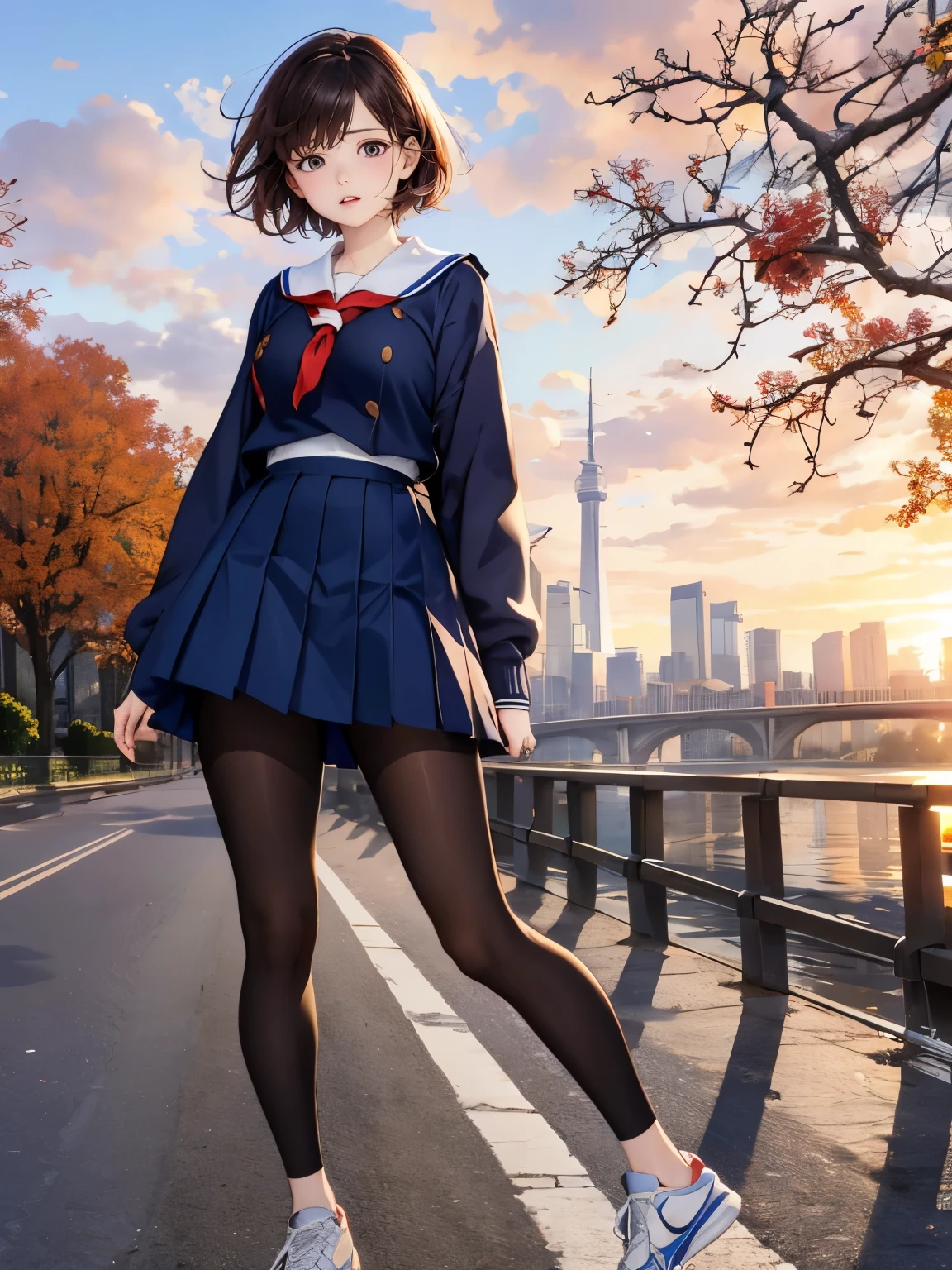 drooping eyes, realistic skin, swollen areolas, sneakers, river-side, trees, skyscrapers, sunset sky, wind, winter school uniform, short hair, pantyhose
