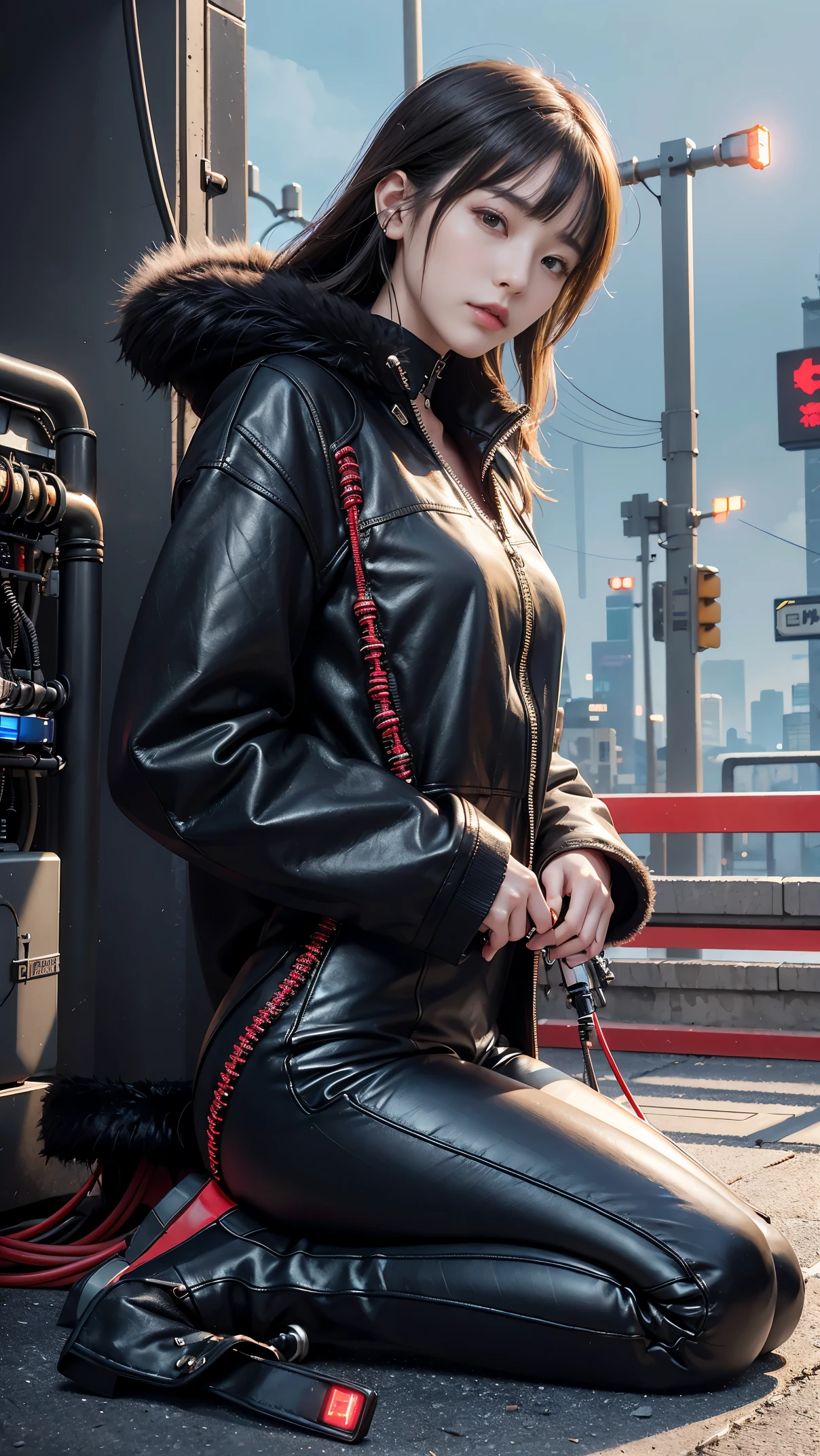 (((​masterpiece)))、((top high end-quality))、(The ultra-detailliert)、8K、(Very noble and beautiful))、bright 15 years old girl, wearing white fur leather jacket top and holding light saber on her hand in the city street, Cinematic Light、((1 Mechanical Girl))、Looking here、((White ceramic body))、a purple eye、Single、(Mechanical joint:1.4)、((Mechanical limb))、(Blood vessels attached to the back))、((Mechanical cervical vertebrae attached to neck))、(Wires and cables attached to the head and body:1.5)、 neon details、科幻小说、cowboy  shot, wearing cyberpunk fur jacket, cyberpunk angry gorgeous goddess, iu lee ji-eun as a master villain, cyberpunk outfit, all white cyberpunk clothes, female cyberpunk girl, cyberpunk 3 0 y. o model girl, cyberpunk style fur jacket, female cyberpunk, in cyberpunk style, seductive cyberpunk dark fantasy, cyberpunk assassin, ((full body)), ((elegant leather trousers))