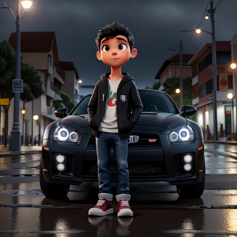 Descreva a cena de um jovem com capuz, wearing a black sweatshirt and jeans, standing on the sidewalk on a rainy night. He is looking at a shiny GTR R35 car passing on the road., Your admiration visible in your eyes. The light from the headlights reflects on the puddles of water around you, enquanto a chuva cai suavemente sobre ele. O som do motor potente ecoa no ar, misturando-se ao som da chuva. The boy remains motionless, captured by the elegance and speed of the car, dreaming of the day when you can be behind the wheel of such an impressive machine.