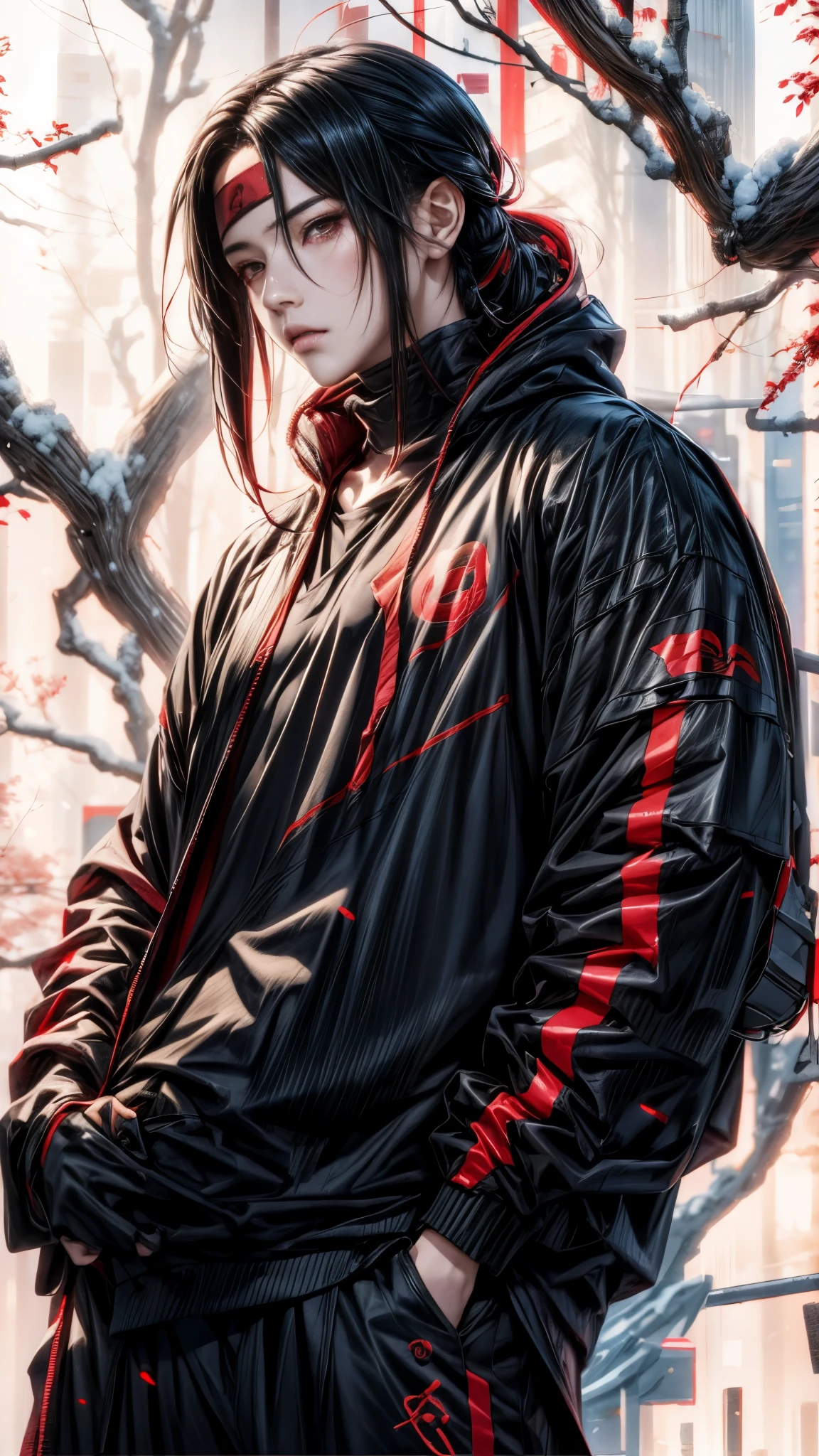 Uchiha Itachi in black and red jacket standing in front of a tree, cyberpunk uchiha Itachi in hoodie, artwork in the style of guweiz, guweiz, from girls frontline, profile picture 1024px, fine details. girls frontline, from arknights, girls frontline style, by Kamagurka, arknights, cyberpunk streetwear, by Yang J