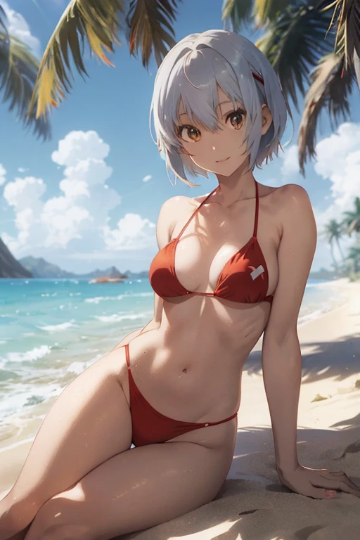Anime girl in a red bikini sitting on the beach with silver accents, Rei Ayanami-inspired, realistic bikini detailed, [beautiful digital 4K art], anime golden sand wallpaper, Ayanami-esque, fine detail anime art, high jump black silhouette, smiling, clear green eyes, dark red lips, four-leaf clover, American-style face, with a high jump silhouette [visually stunning].

Anime girl in a red bikini, inspired by Rei Ayanami, sits peacefully on the sandy beach. The sun casts a warm golden glow on her silvery two-piece swimsuit. The