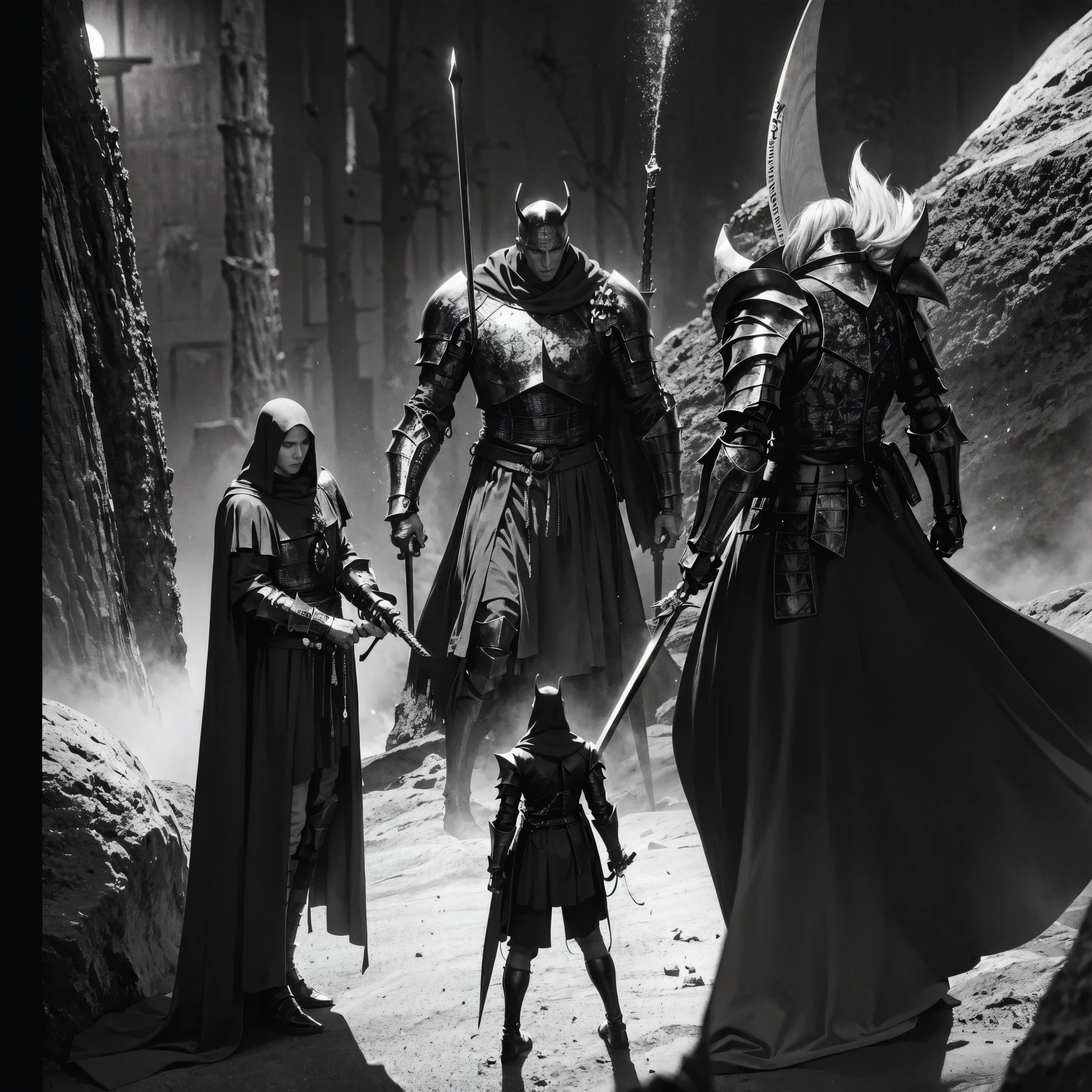 highres,[manga style,anime style],knight dark figure,sword,moonlight,heavy armor,intense eyes,contrasting shadows,sharp details,dramatic pose,ethereal background,mystical atmosphere,vibrant colors,comic book aesthetics,expressive lines,action-packed scene,heroic silhouette,dynamic composition