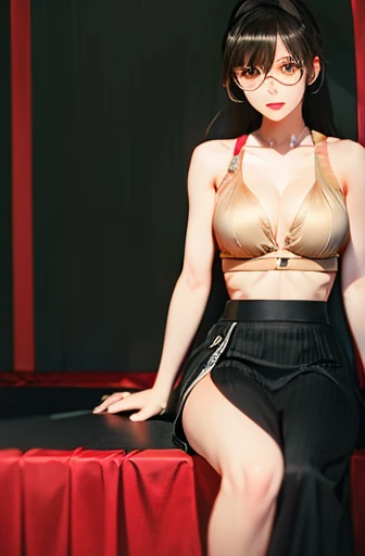 masterpiece, silver metal flame glasses, black long hair, Hair tie with two big red dishes, mature, 女性型ロボット, android, mechanical robot, joint seam, black eyes, full body figure, Height: 160cm, Light beige dress, fluttering skirt, skirt turned up folds, Uplifting, flushed cheeks, 2020s anime picture,ball joint, missionary angle, 歓喜, 満面の笑み, 跳躍 25歳 2020年代アニメ絵, NSFWなし, 全身, sports bra, 開脚, spreading legs
