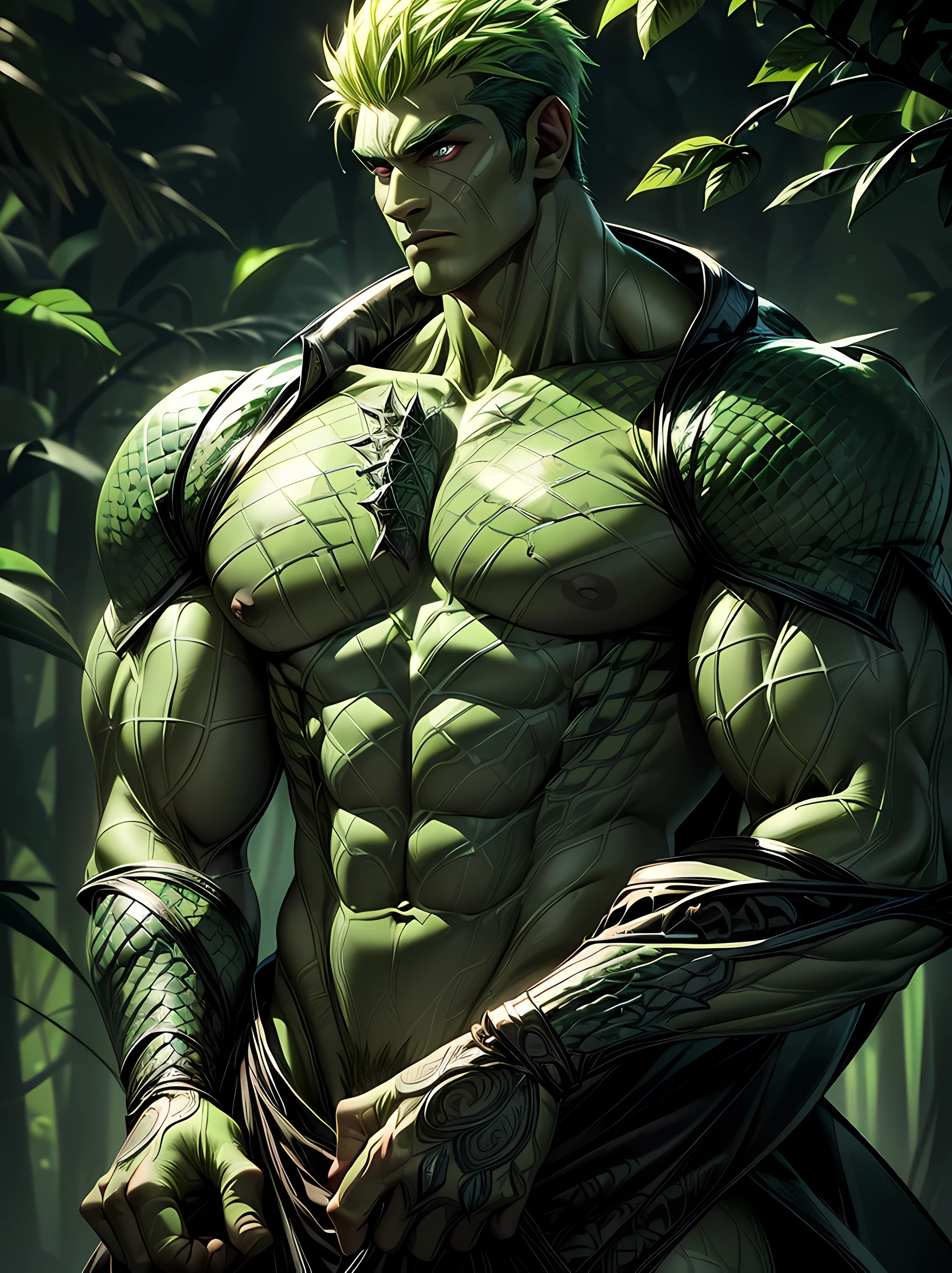 ((absurdres)) ((perfect whole body)), ((ultra photorealistic)), Top quality, ((Photorealistic)), ((16k UHD)), High Definition, Unity 8K wallpaper, high res, ultra sharp, ((masterpiece)), best quality, ((intricate details)), (((detailed eyes))), (((perfect face))) (((detailed face))), masterpiece, highly detailed exquisite character art, melancholy lighting, (((perfectly detailed anatomy))) (((natural light))), (((Extreme Close-up))) ultra-realistic, big eggs, pecs, (((detailed body))), (((detailed muscles))), (((1Male))) (((Bodybuilder))), (((muscular))), ((bara)), there is a man with green paint on his body, shaved sides hairstyle, in a deep forest, green coloured skin, green skin! ((neon green coloured skin!!)), ((green skin)). intricate, ((neon green-skinned)), ((neon green skin with scales)), ((green skin)), stubble, windy, forest, (((neon greenish skin)))), plantation on the male body, vines, leaves falling, a garden deity, plant clothing, cell-shaded adult animation, hot reptile muscular humanoid man, muscular green body. bright glowing light-brown eyes, leaf clothing,