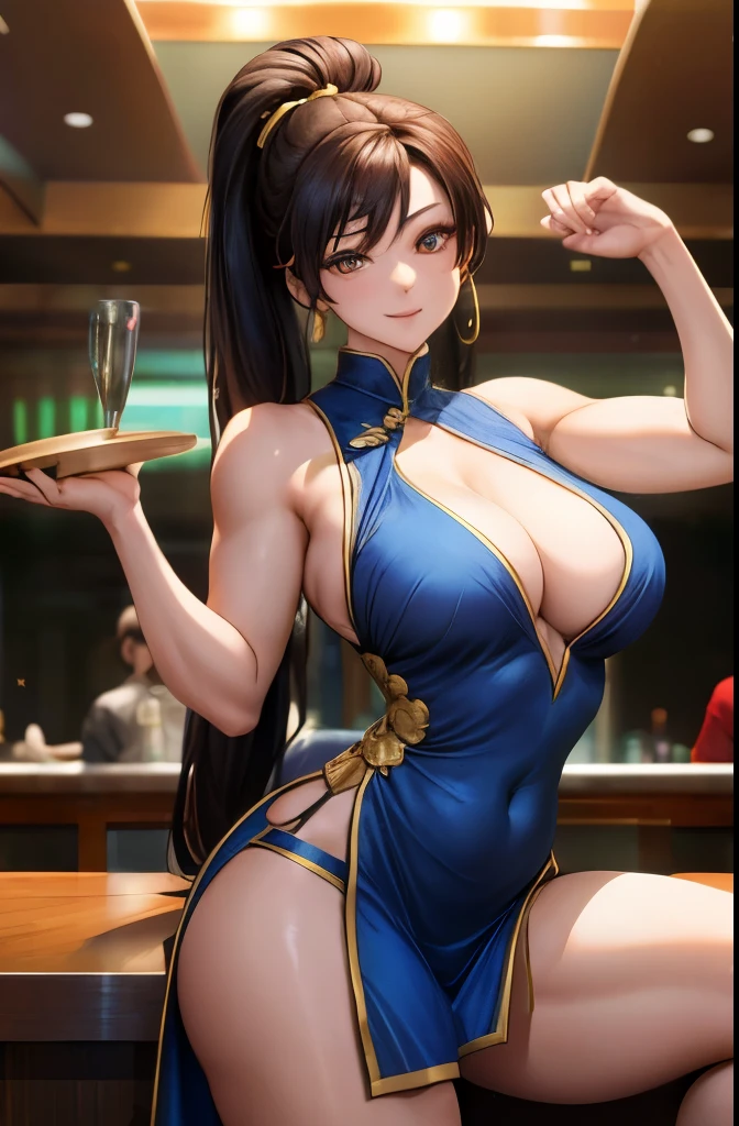 A front view of Chun Li, 26 years old, busty, wide hips, slim waist, long hair, wearing a lowcut party dress, Chinese style, real skin texture, highly detailed eyes, realistic eyes, smiling at the viewer, atmospheric, photo-realistic, High resolution, 8k, HDR, 500px, FUJIFILM, posing lewdly for the viewer, lounging at the bar of a nightclub