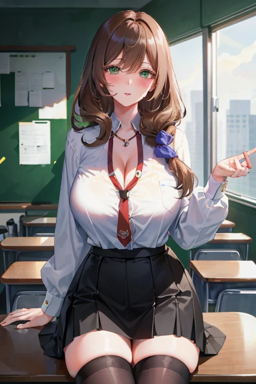 Lisa, genshin impact, 1 girl, alone, ((white shirt)), black Thighhighs, huge breasts, cleavage, uniform, office background, black skirt, pleated skirt, office, hair between eyes, messy hair, big breasts, long hair, looking at the viewer, brown hair, red short nails, green eyes, alone, Thighhighs, thighs, very long hair, ((masterpiece)), classroom, mechanical, Chair, board, class board, Teaching, hang a tie from one's neck, adult woman, erotic woman, attractive look, blush, proudly, sexy body,
