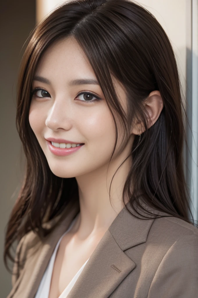 masutepiece, Best Quality, Photorealistic, Ultra-detailed, finely detail, High resolution, 8K Wallpaper, 1 beautiful woman,, light brown messy hair, in a business suit, foco nítido, Perfect dynamic composition, Beautiful detailed eyes, detailed hairs, Detailed realistic skin texture, Smiling, cowboy shot portrait, Model body type