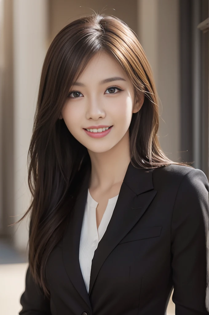 masutepiece, Best Quality, Photorealistic, Ultra-detailed, finely detail, High resolution, 8K Wallpaper, 1 beautiful woman,, light brown messy hair, in a business suit, foco nítido, Perfect dynamic composition, Beautiful detailed eyes, detailed hairs, Detailed realistic skin texture, Smiling, cowboy shot portrait, Model body type